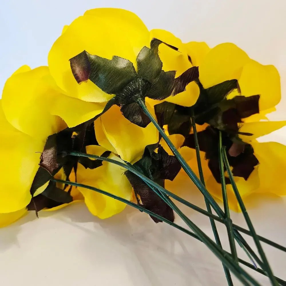 Yellow Artificial Silk Roses Wired Stems Wedding Craft width 4